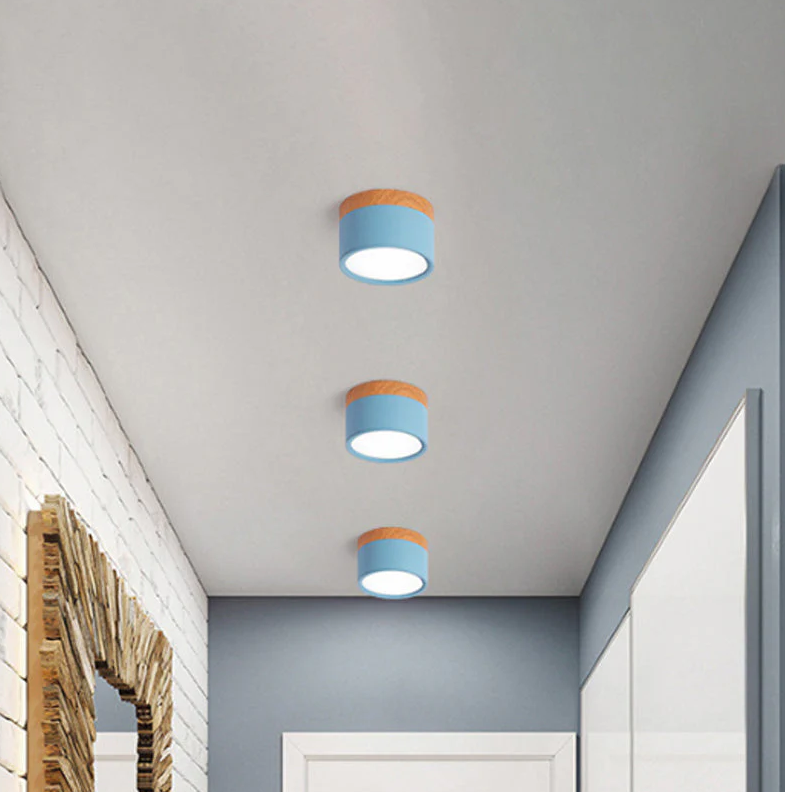 Compact Macaron Ceiling Light - Metal Flush Mount for Kitchen, Bar, or Dining in Yellow, Blue, Black & Wood