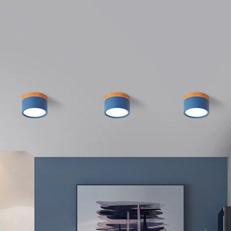 Compact Macaron Ceiling Light - Metal Flush Mount for Kitchen, Bar, or Dining in Yellow, Blue, Black & Wood